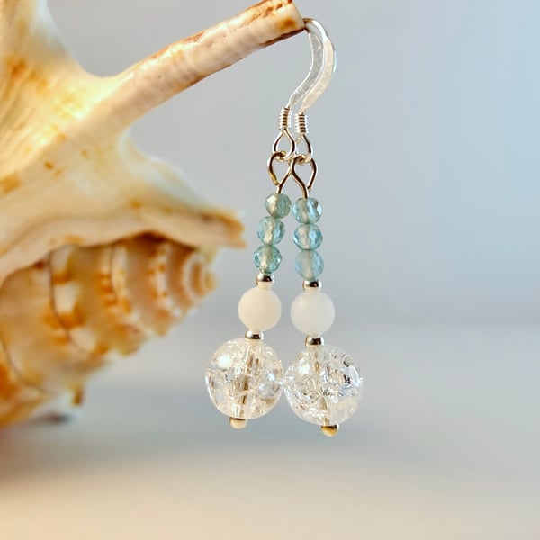 Quartz Earrings With Apatite, White Jade And Sterling Silver - Handmade In Devon