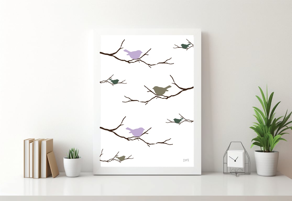 Birdies on branches A4 Art Print