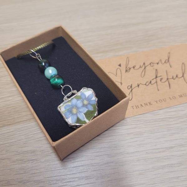 Upcycled Blue Floral Ceramic Necklace 