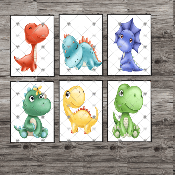 Dinosaur Set Of 6 Prints, Dinosaur Custom Prints, Personalised Wall Art