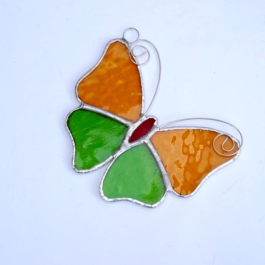 Stained Glass Butterfly Suncatcher - Handmade Decoration - Amber and  Green