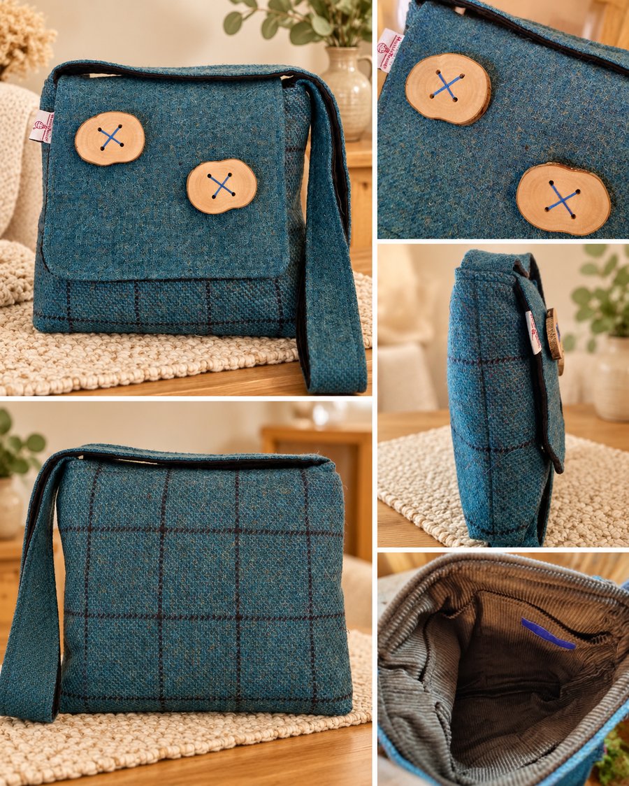 Harris tweed crossbody bag with handmade buttons