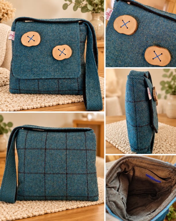 Harris tweed crossbody bag with handmade buttons