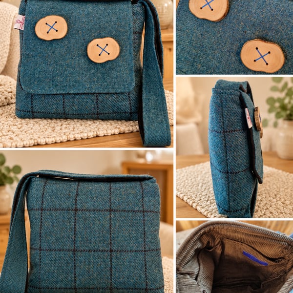 Harris tweed crossbody bag with handmade buttons