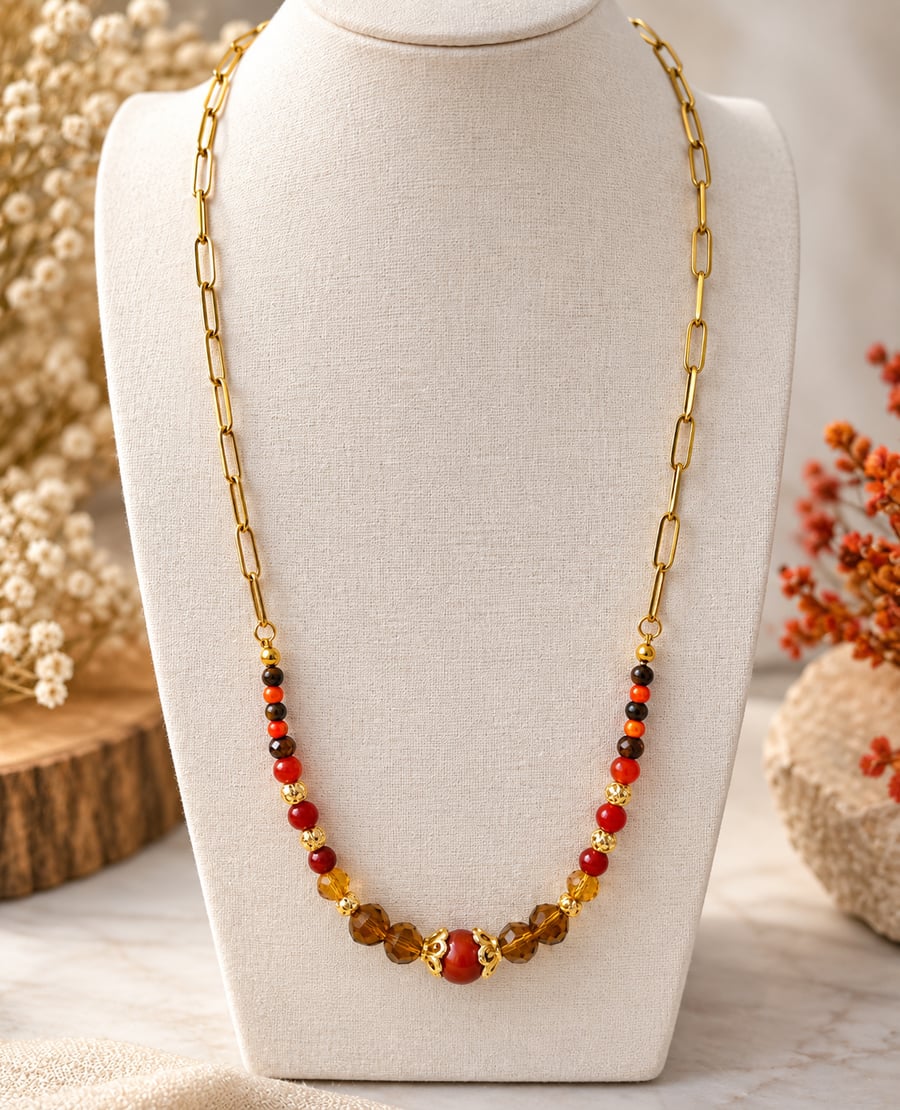 Autumn Beaded Necklace – Red Banded Agate, Wood & Glass – Gold Plated Stainless 