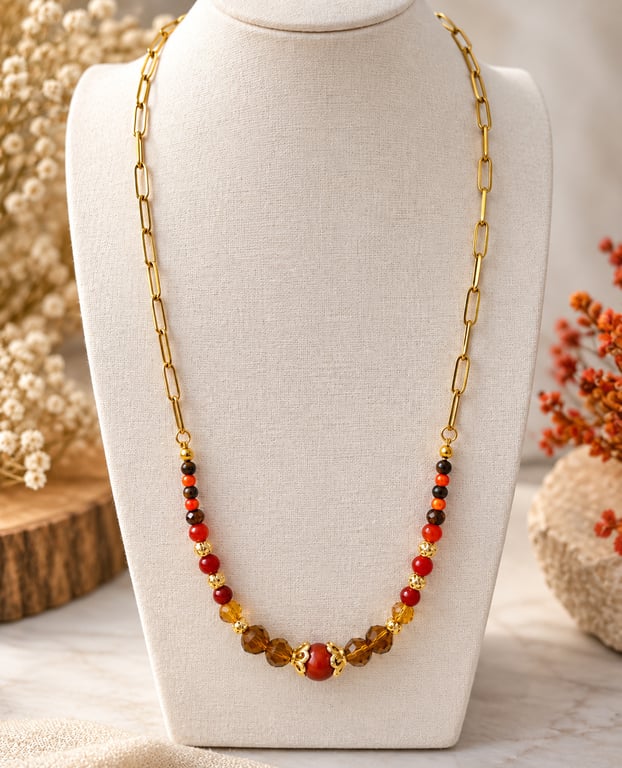 Autumn Beaded Necklace – Red Banded Agate, Wood & Glass – Gold Plated Stainless 