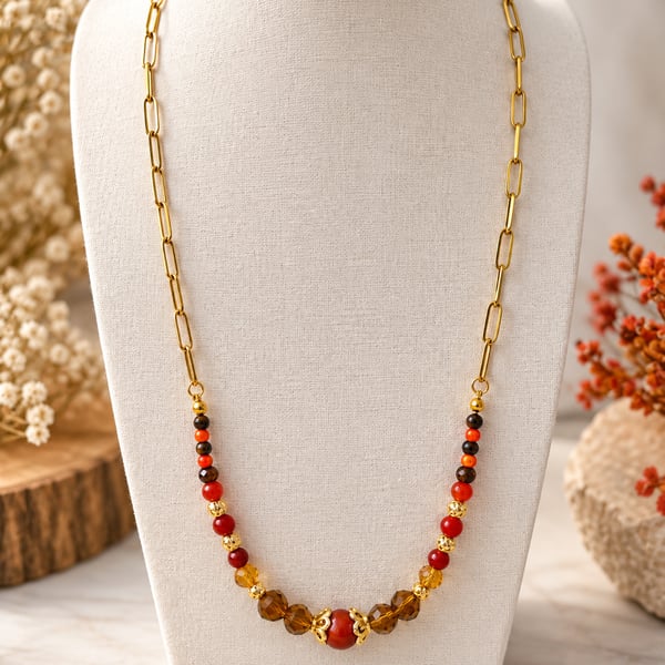 Autumn Beaded Necklace Gold Plated Stainless Paperclip Chain