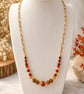 Autumn Beaded Necklace – Red Banded Agate, Wood & Glass – Gold Plated Stainless 