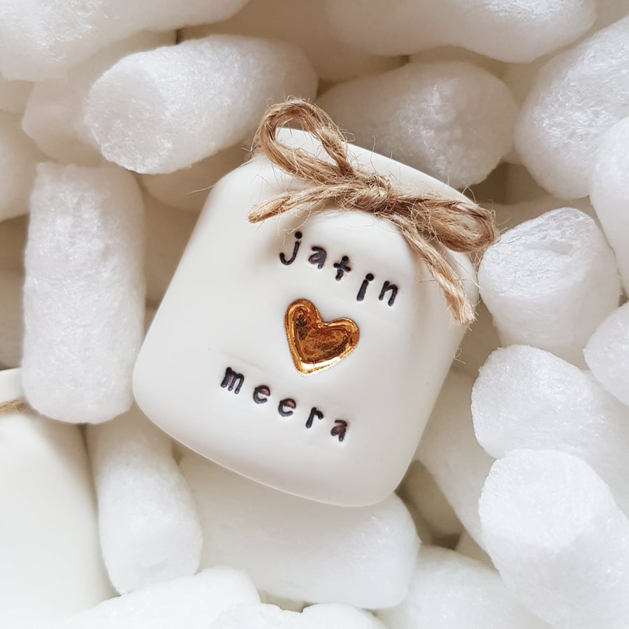 Personalised Small White Jar with a Gold Embossed Heart & Twine around the rim