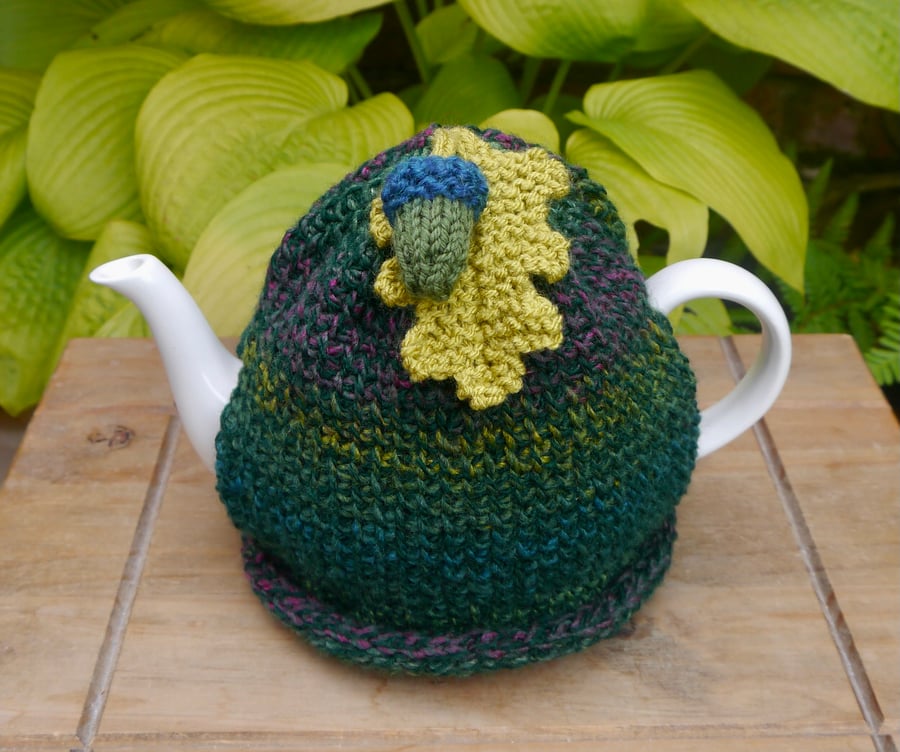 Green Autumn Tea Cosy, Acorn Tunisian Crochet Tea Cozy
