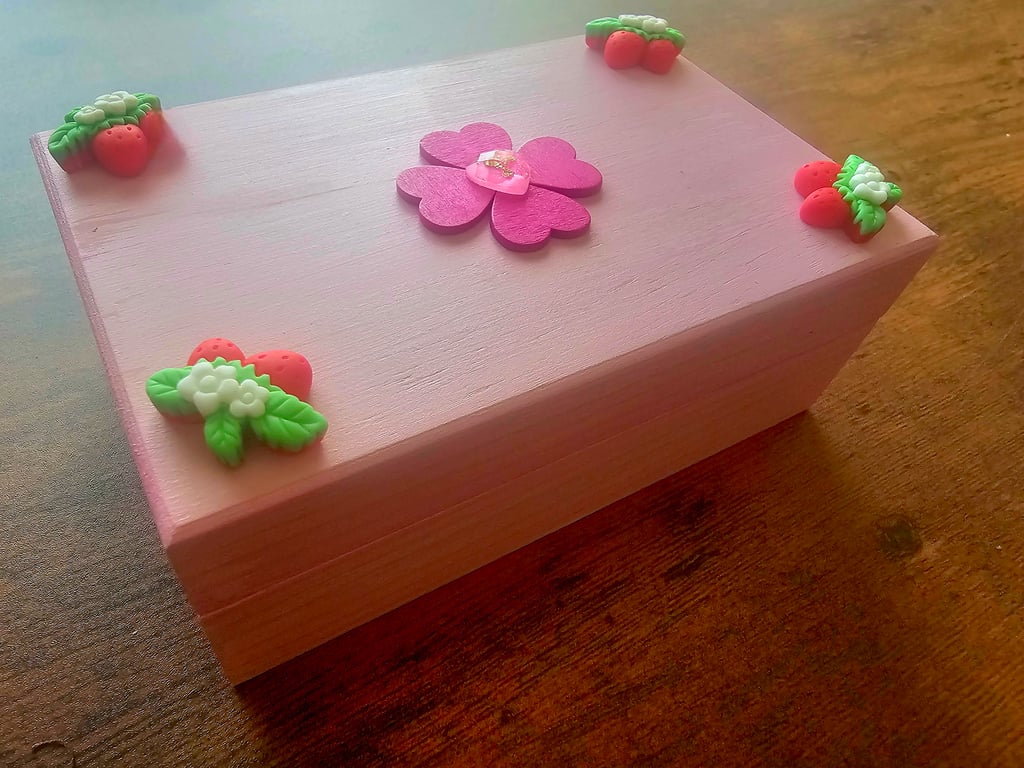 Handmade pink heart and strawberry wooden jewellery, keepsafe or trinket box