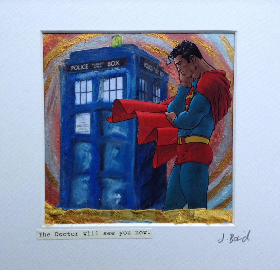 Doctor Who Superman mixed media mash-up. Comic book, Superhero. Framed art
