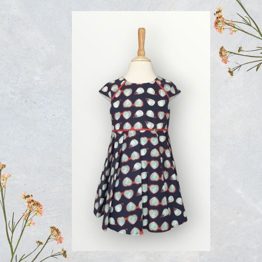 Red, White and Navy Blue Pleated Dress with Heart Buttons 2-3yrs
