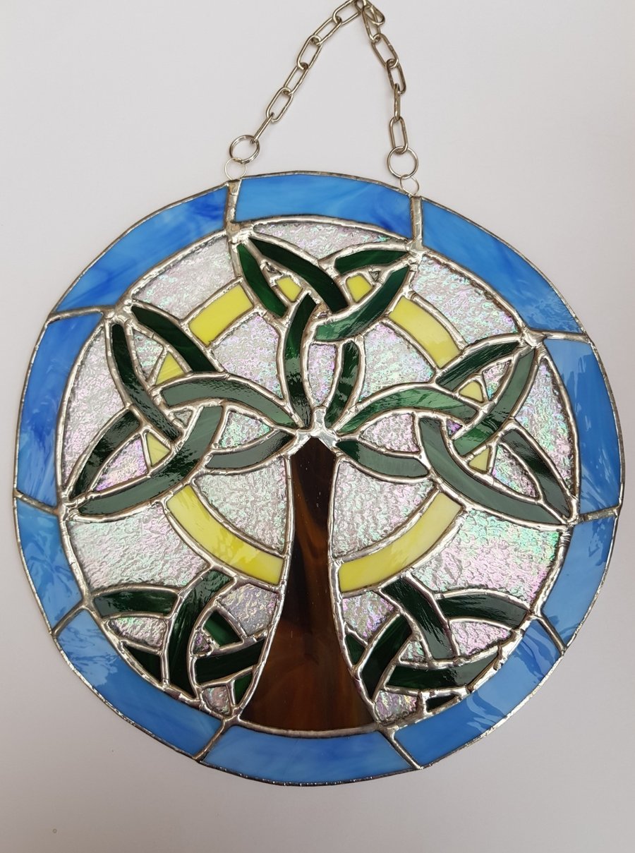 260 Stained Glass Round Celtic Tree of Life - handmade hanging decoration.