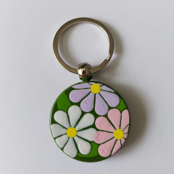 Wood Keyring With Hand Painted Floral Design