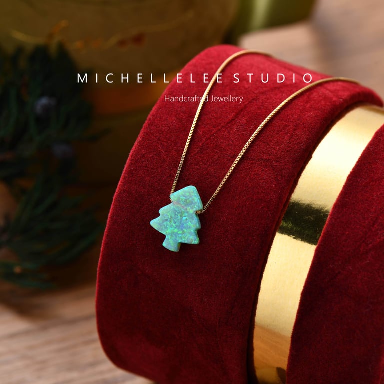 Christmas Tree Opal Pendant Necklace With 925 Sterling Silver Chain