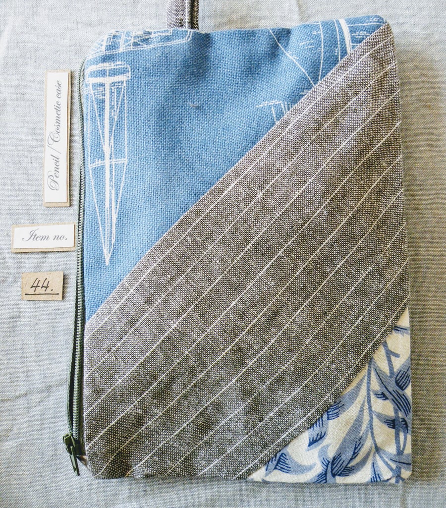 Blue and Grey patchwork  Linen make up bag pencil case (item no 44) 