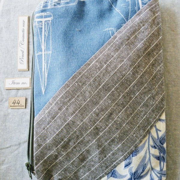 Blue and Grey patchwork  Linen make up bag pencil case (item no 44) 