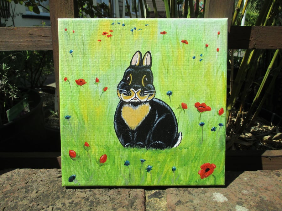 Bunny Painting Rabbit Picture Original Art Bunny Canvas Rabbit Scene Wildflower