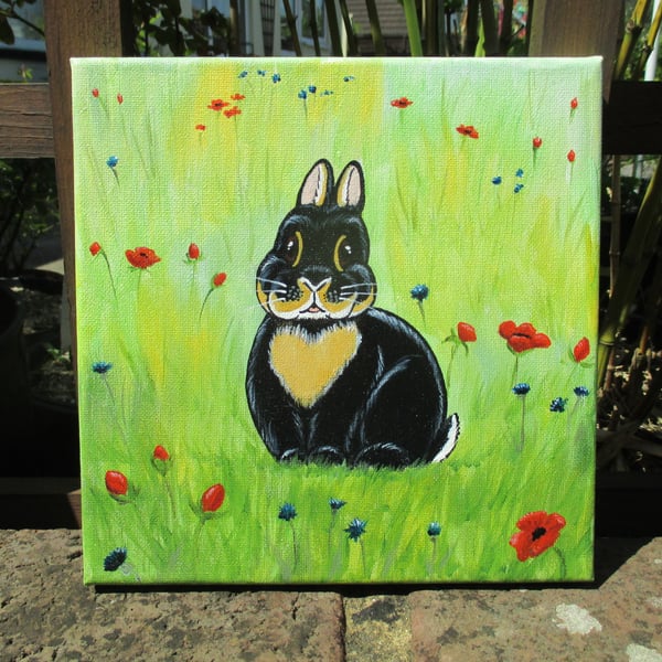 Bunny Painting Rabbit Picture Original Art Bunny Canvas Rabbit Scene Wildflower