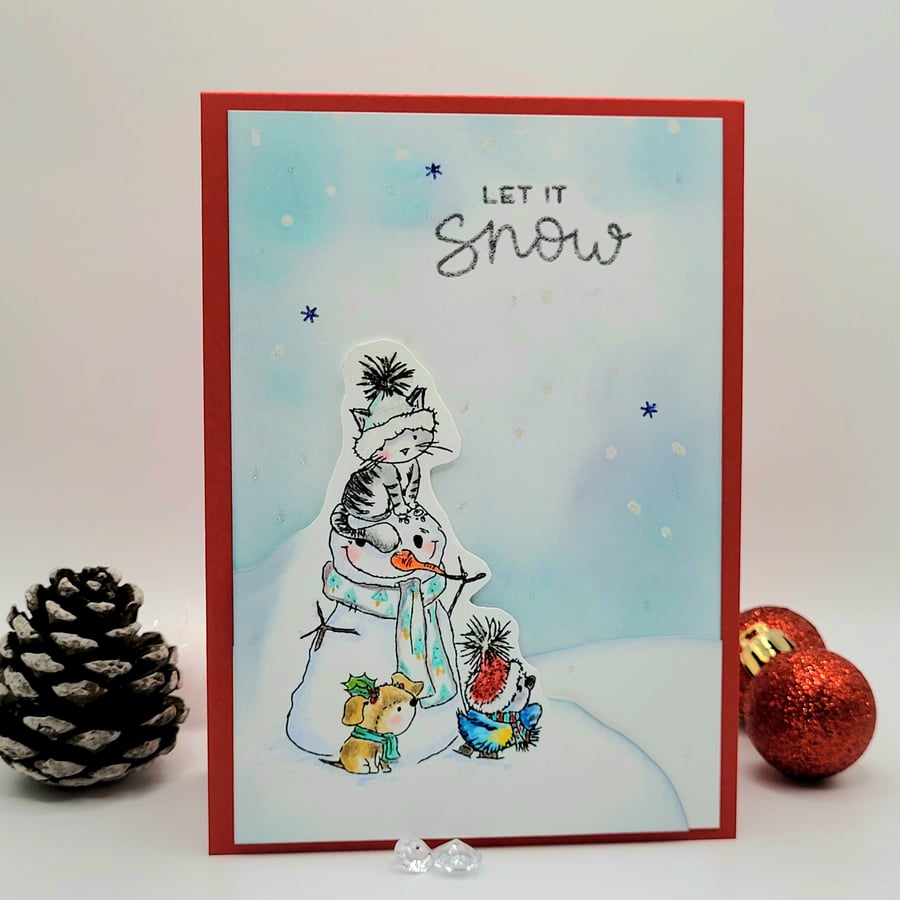 Snowman Christmas greeting card - cards, kitten, snowman, bird