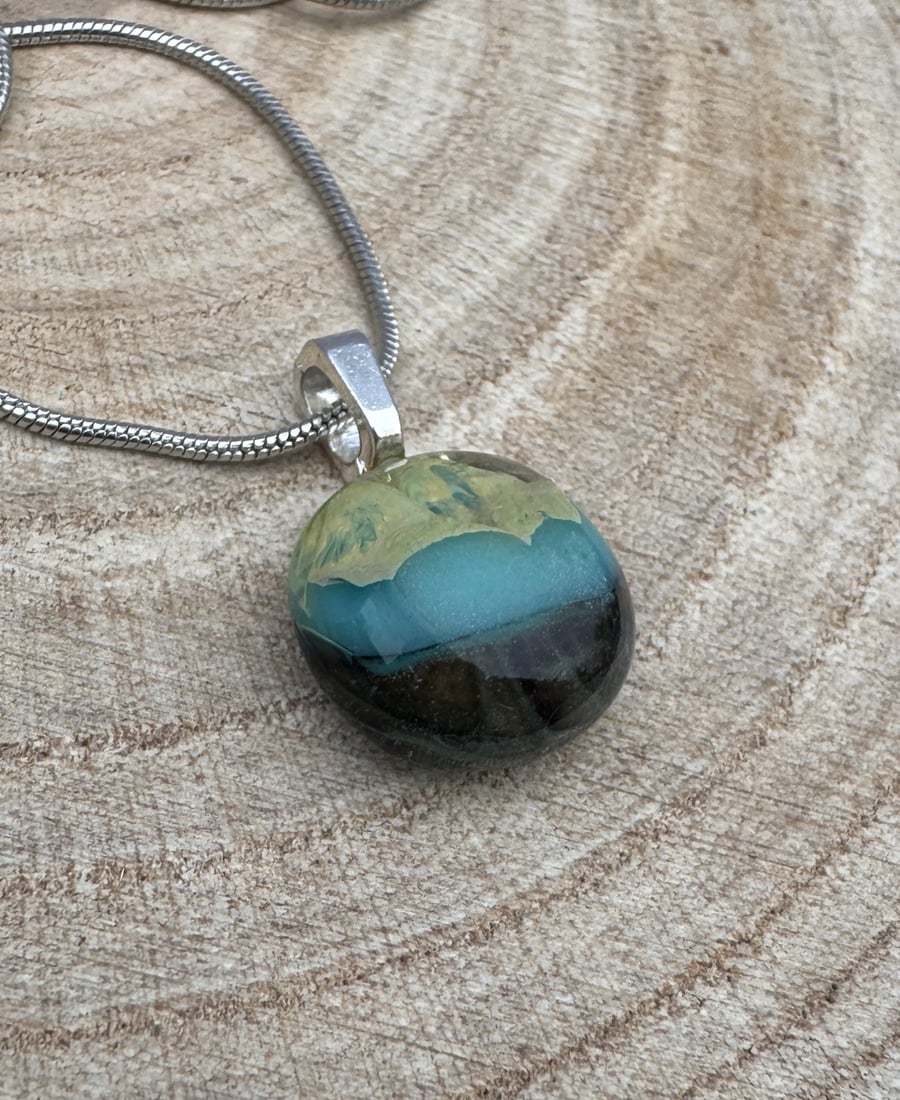 Beautiful Handmade Blue Seascape Inspired Glass Fused Pendant 