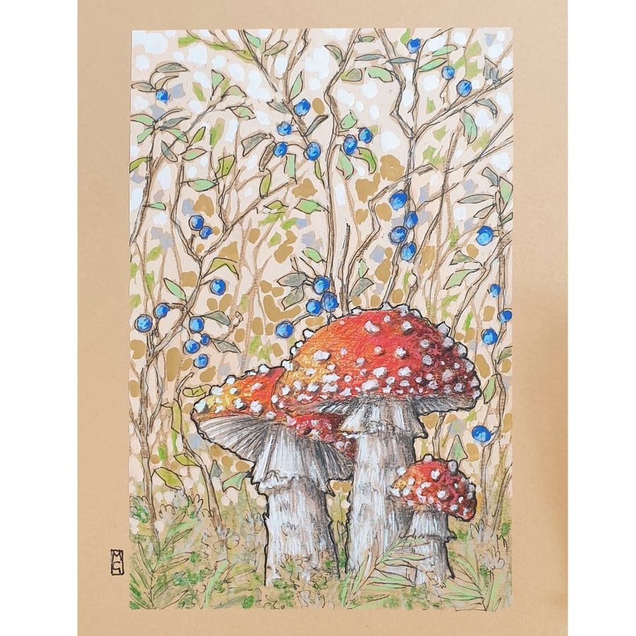 Fly Agaric Mushrooms with Berries, small original artwork, mushroom wall art