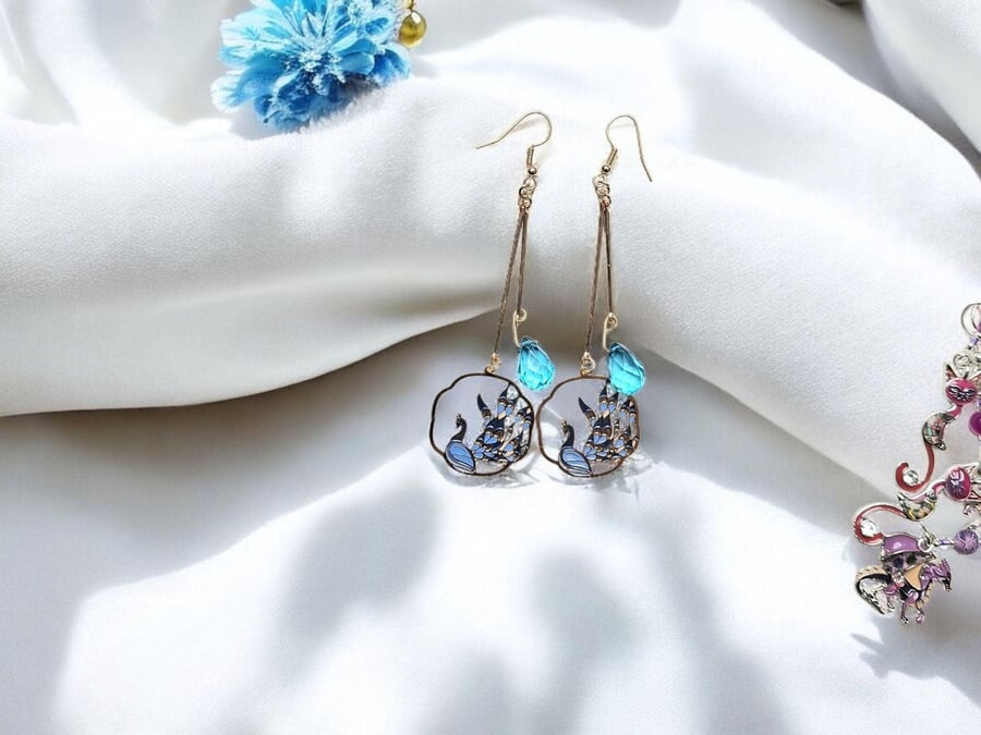 Gold Peacock Earrings: Turquoise Crystal Dangle, Elegant Jewelry
