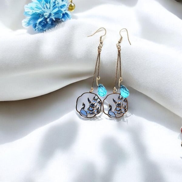 Gold Peacock Earrings: Turquoise Crystal Dangle, Elegant Jewelry