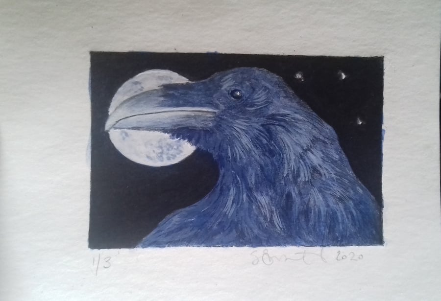 Cute little raven drypoint etching with watercolour 