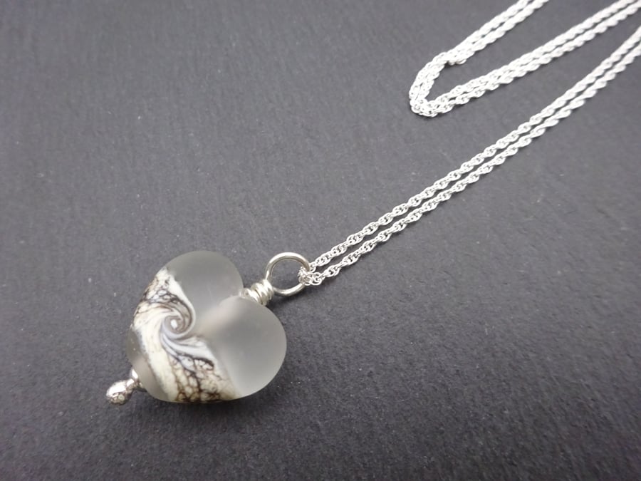 lampwork glass frosted sea pendant necklace, sterling silver chain