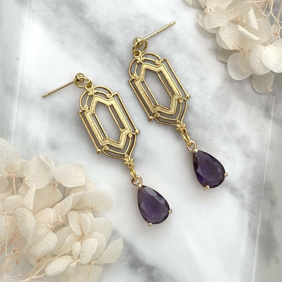 Vintage Style Antique Gold and Purple Glass Crystal Drop Earrings