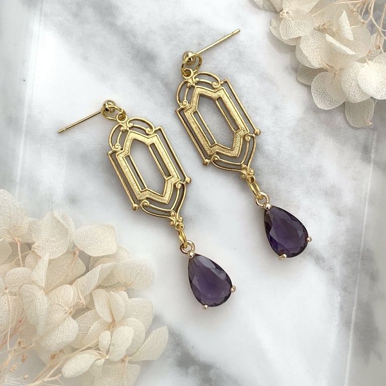Vintage Style Antique Gold and Purple Glass Crystal Drop Earrings