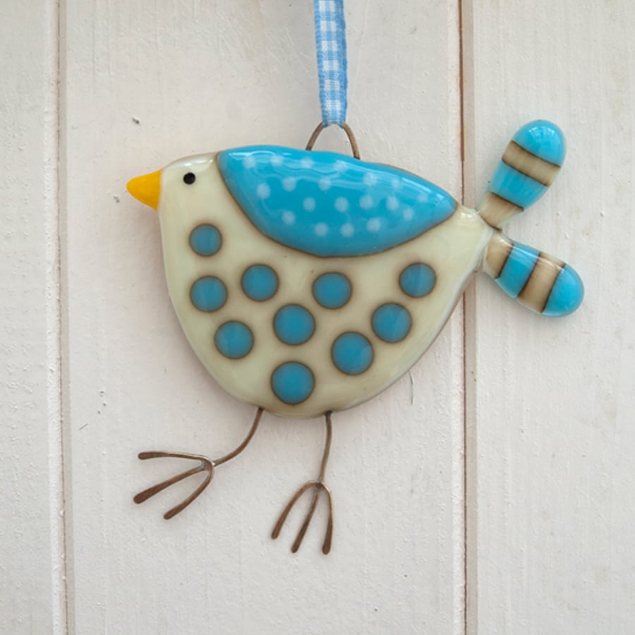 Turquoise and Cream Spotty Fused Glass Bird Decoration