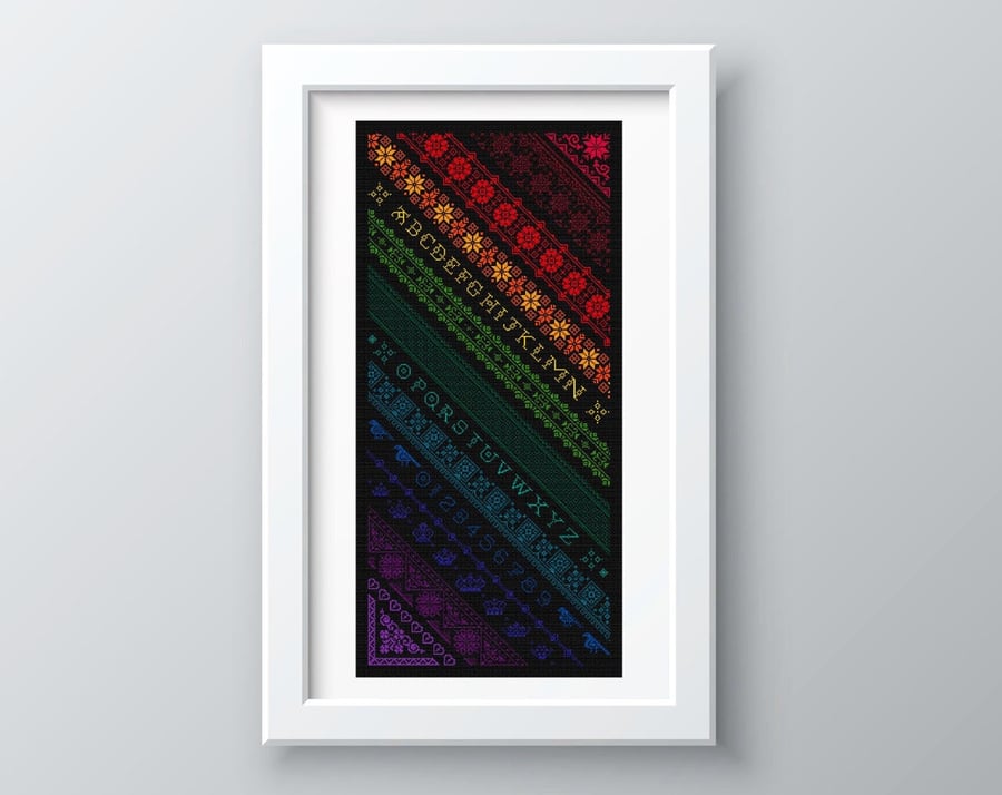 003 - Twisted Diagonal Rainbow Band Alphabet Sampler on Black - CS Pattern