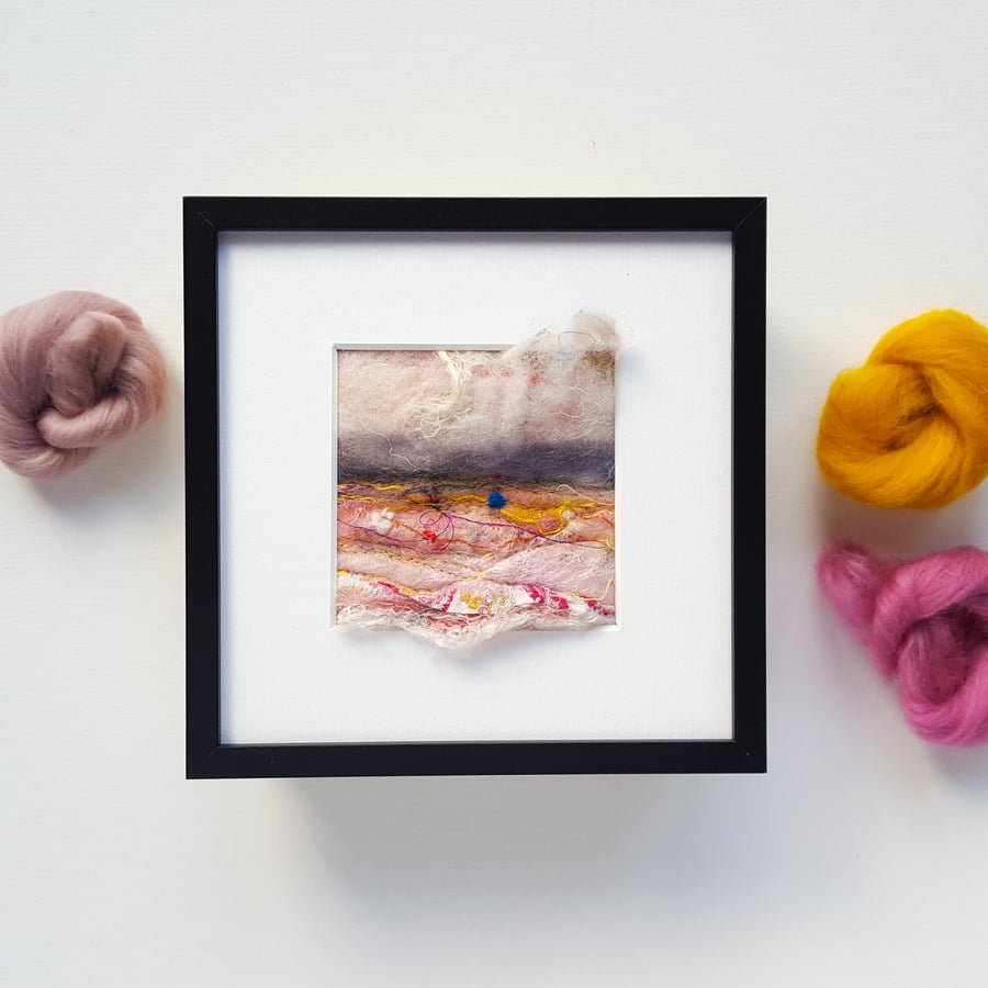 Original ART, felt and stitch, coastal landscape in pinks, grey and yellows