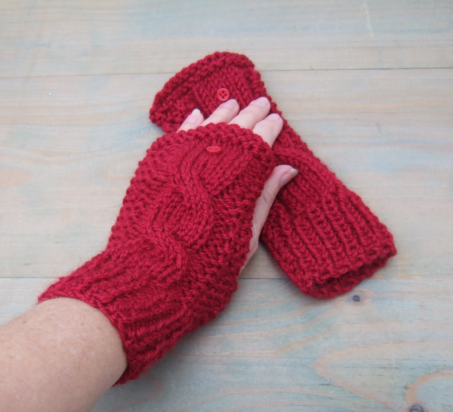 Red Cable Knit Fingerless Gloves 