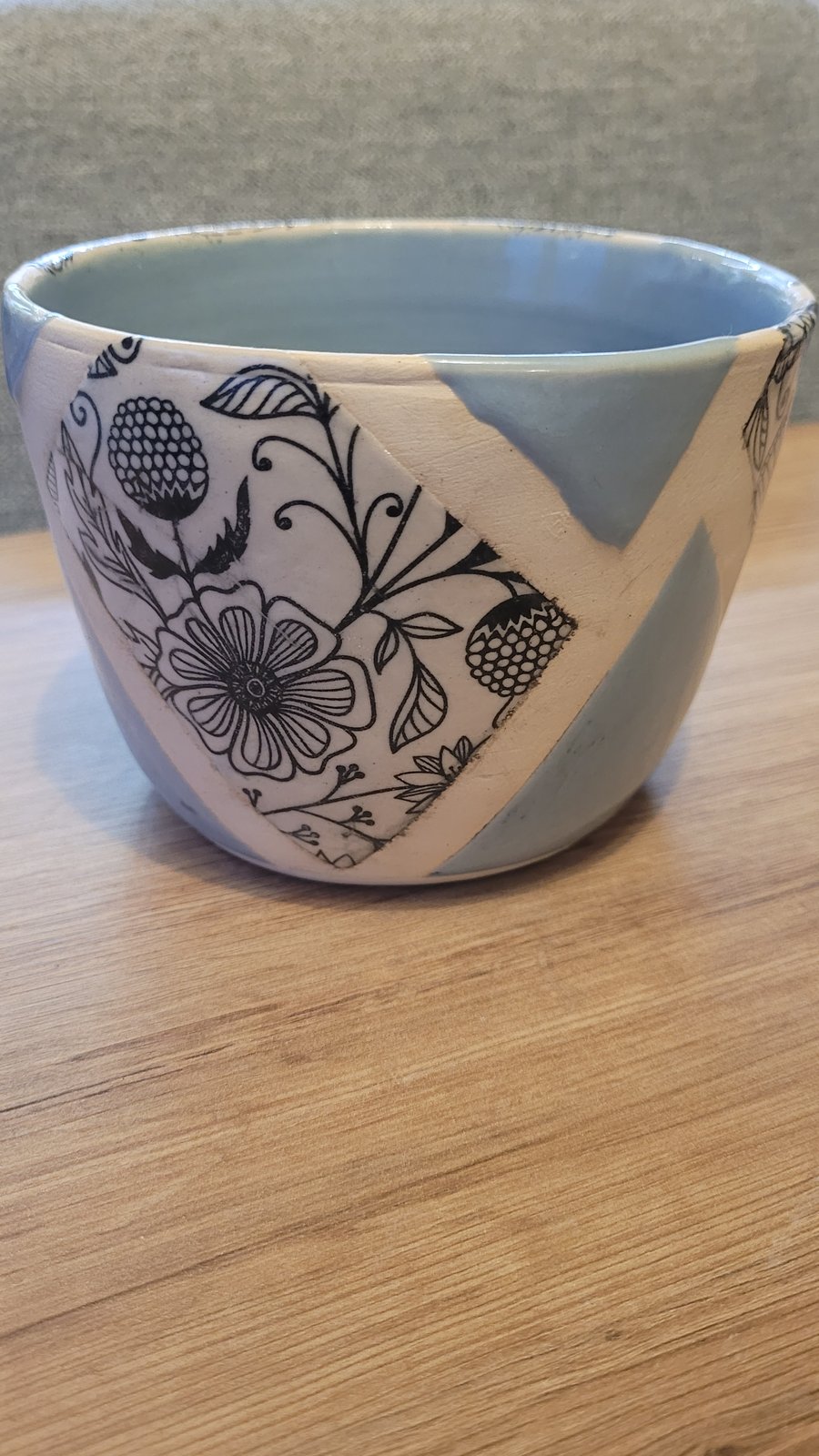 Pale Blue and Flower Patterned Plant Pot Handmade Pottery