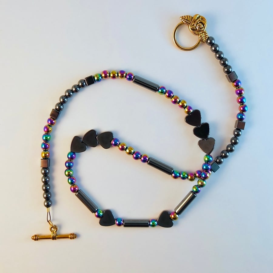 Hematite Heart & Rainbow Hematite Necklace, Birthday, Anniversary, Gifts For Her