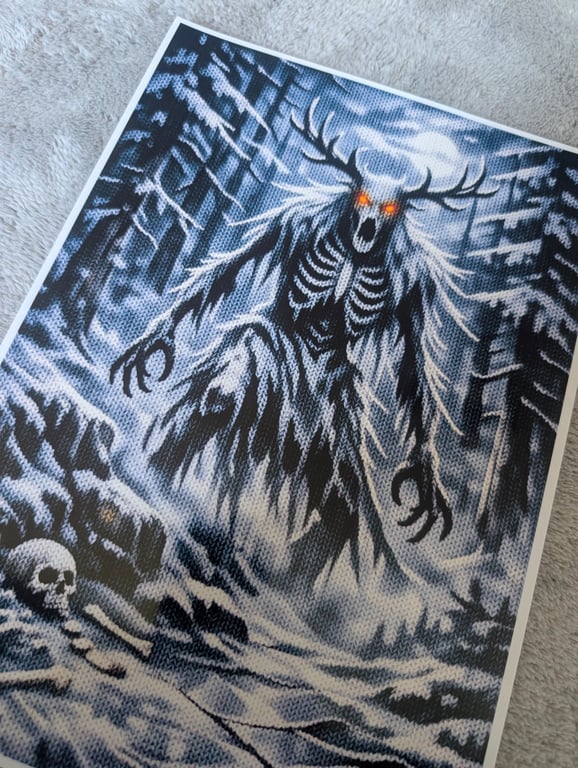Cryptid wendigo horror knitted woodland winter scene, A4 Photo print 