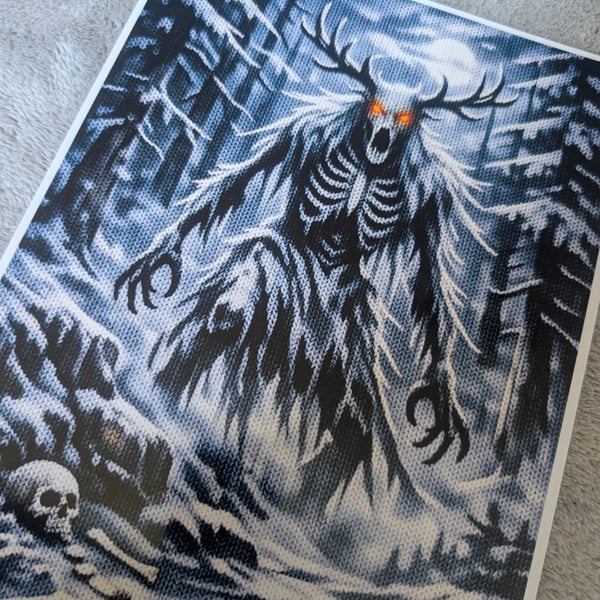 Cryptid wendigo horror knitted woodland winter scene, A4 Photo print 