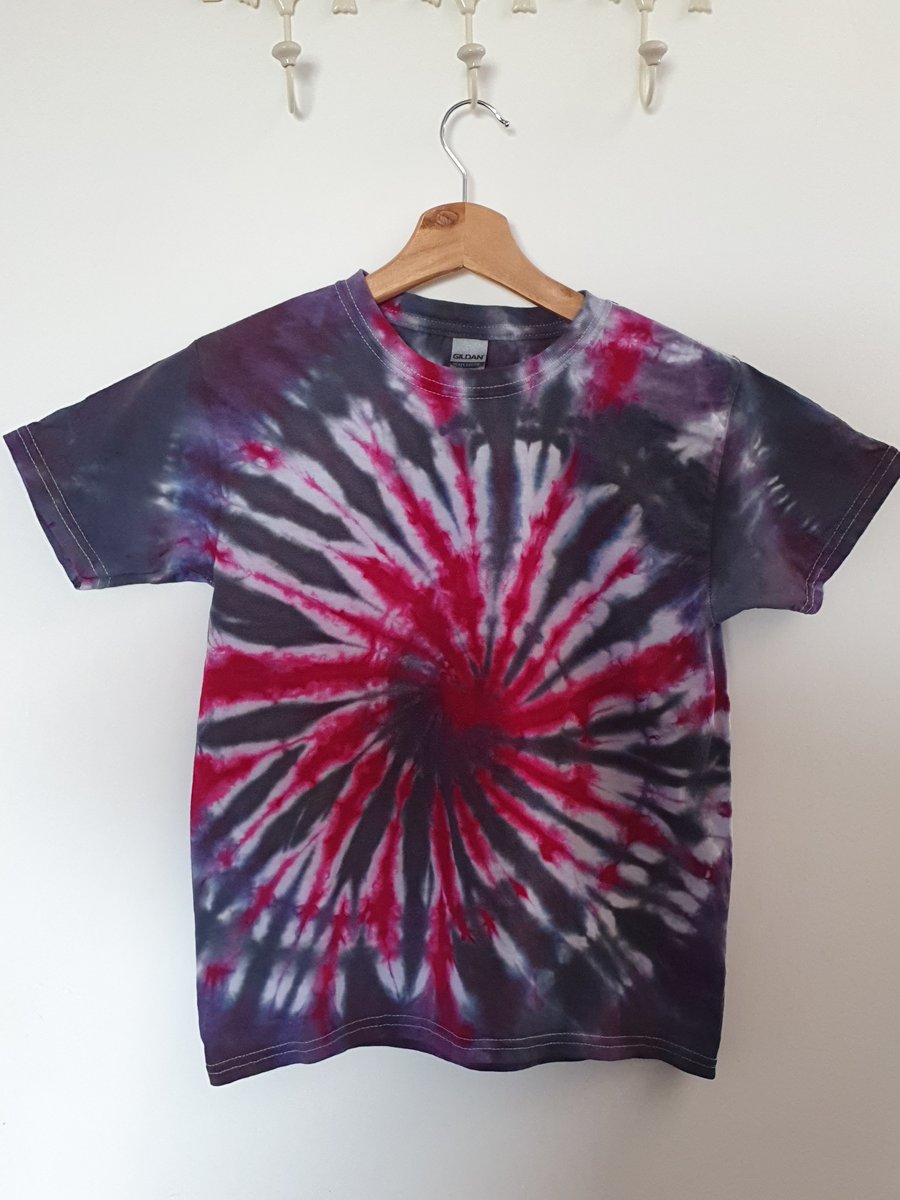 Tie Dye Fuschia and Grey Spiral T-shirt, in Youth Sizes S, M, L, XL