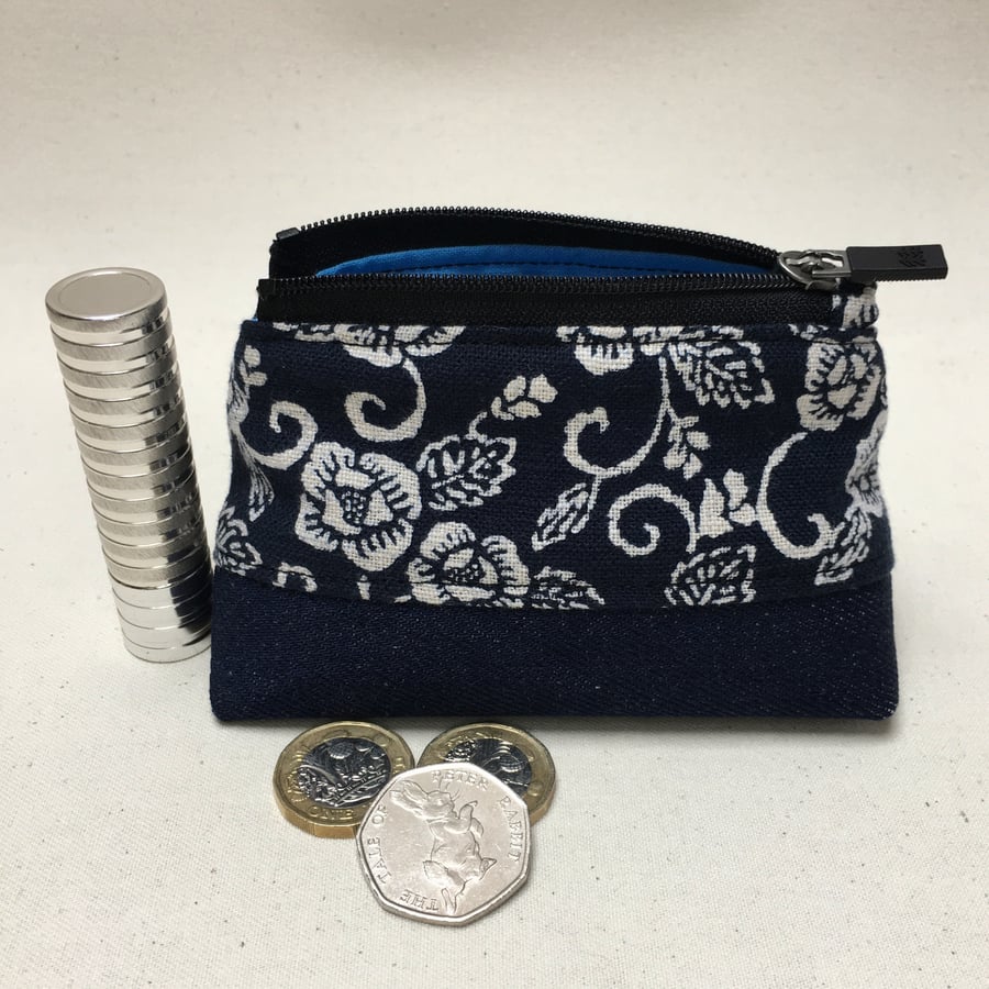 Denim and Indigo Japanese Floral Fabric Coin Purse