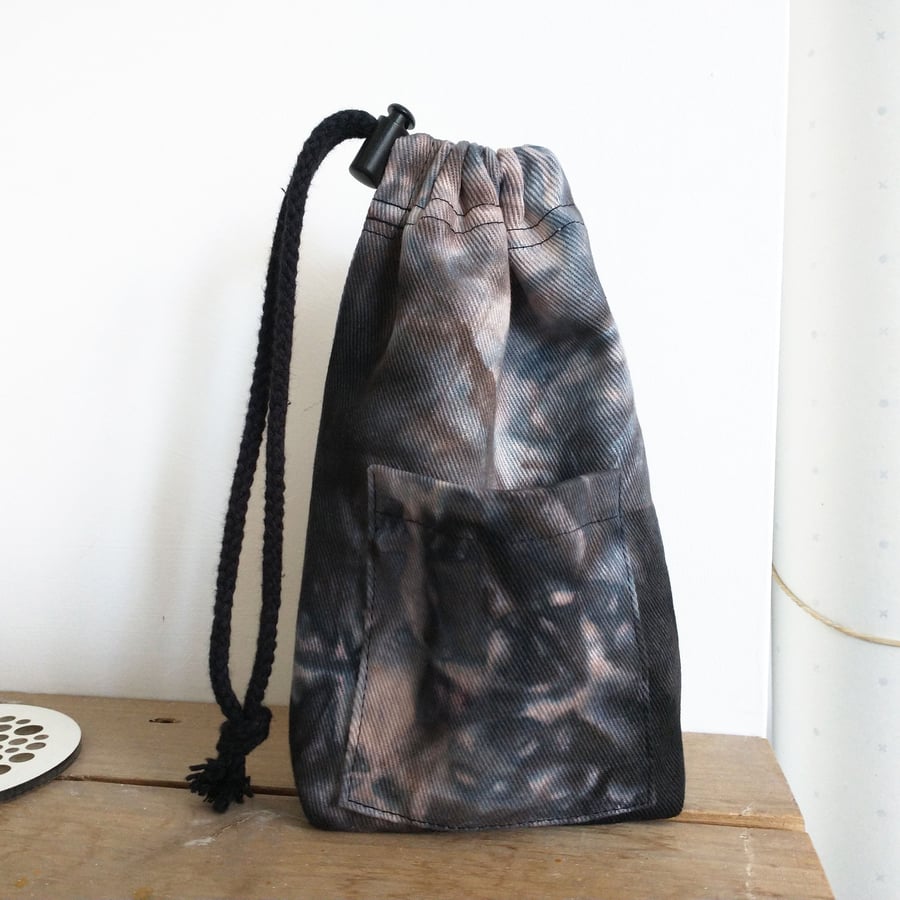 Ditty Bag with Drawstring and Pocket made with Unique Dark Tie Dye Cotton