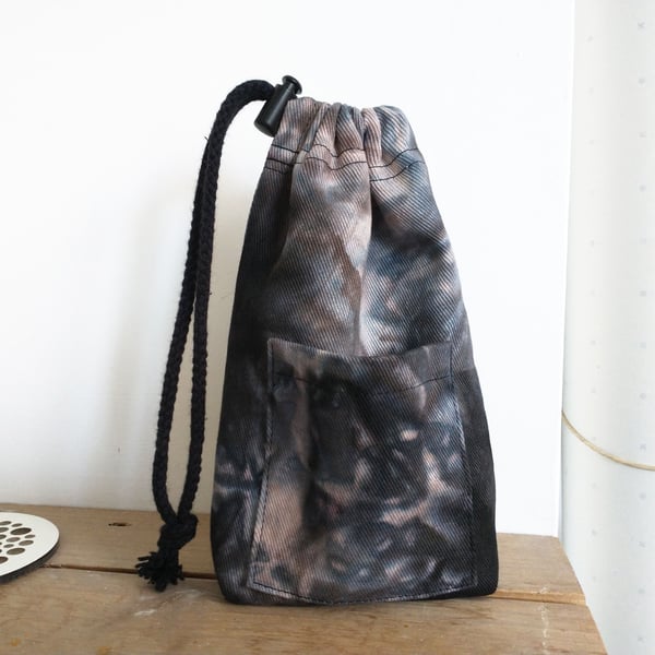 NEW! Ditty Bag with Drawstring and Pocket made with Unique Dark Tie Dye Cotton