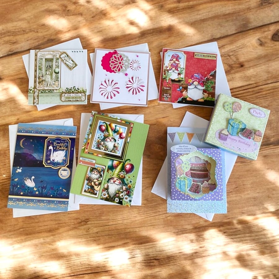 6 Handmade Greeting Card Set – Assorted Decoupage & Mixed Media Destash Cards