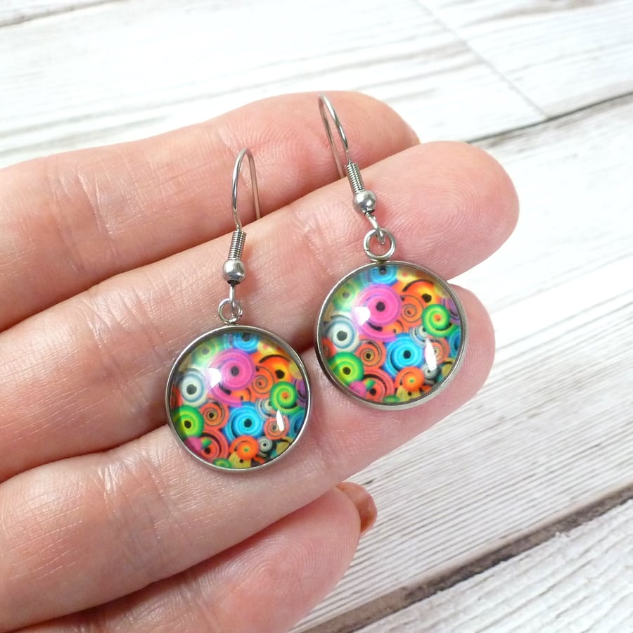 Bright multicoloured swirl design cabochon steel earrings, goes with anything!