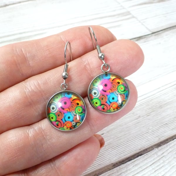 Bright multicoloured swirl design cabochon steel earrings, goes with anything!