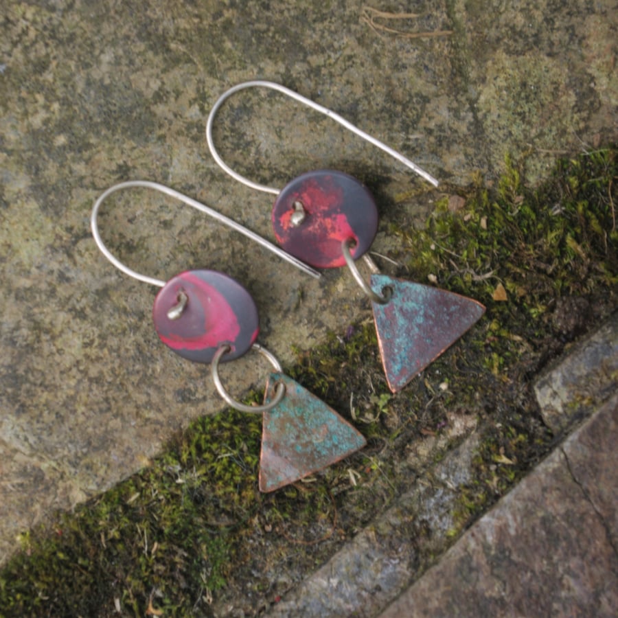  Red Circle and Verdigris Triangle Dangle Earrings