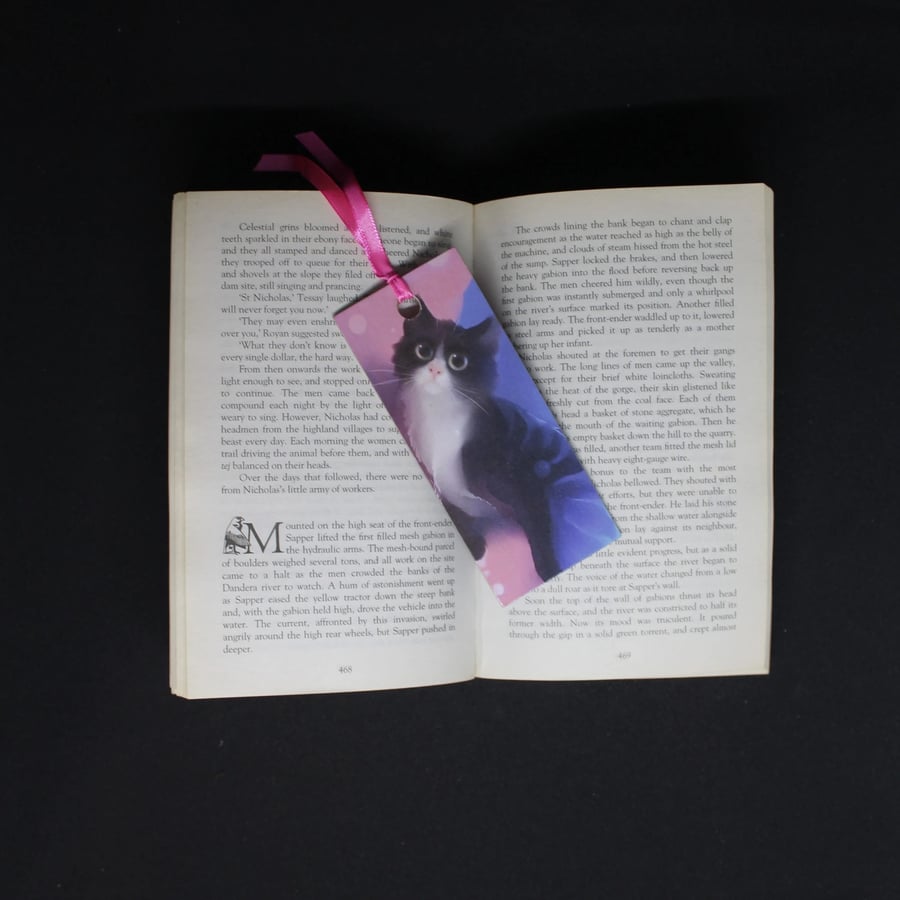 Handcrafted, Black and white cat themed, wooden decoupage bookmark 